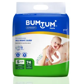 Bumtum Baby Diaper Pants, Small Size, Double Layer Leakage Protection Infused With Aloe Vera, Cottony Soft High Absorb Technology (Pack of 1, 74 Pcs. per pack)