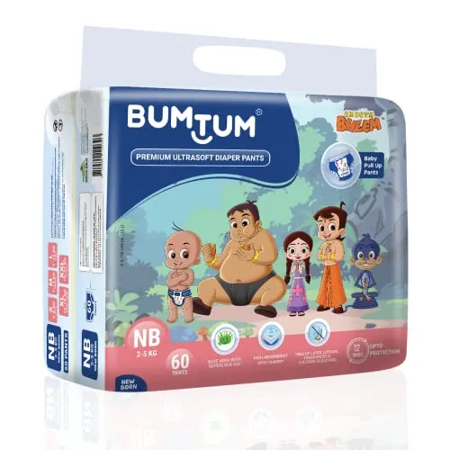 Bumtum Chota Bheem New Born Baby Diaper Pants, 60 Count, Leakage Protection Infused With Aloe Vera, Cottony Soft High Absorb Technology (Pack of 1)