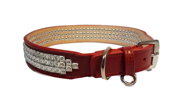 Carol Leather Dog Collar with 3 Rows Square Austrian Clear Crystals WIP