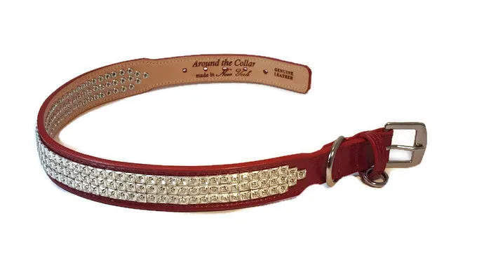 Carol Leather Dog Collar with 3 Rows Square Austrian Clear Crystals WIP
