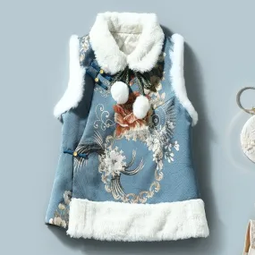 Cashmere Lapel Floral Chinese Style Thick Waistcoat Vest