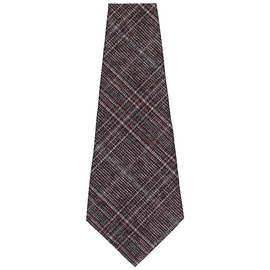 Checked Bespoke Wool Tie - Burgundy / Grey