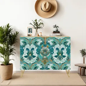 Chinoiserie Sideboard Floral Teal Green Gold, Elegant Wooden Storage Cabinet