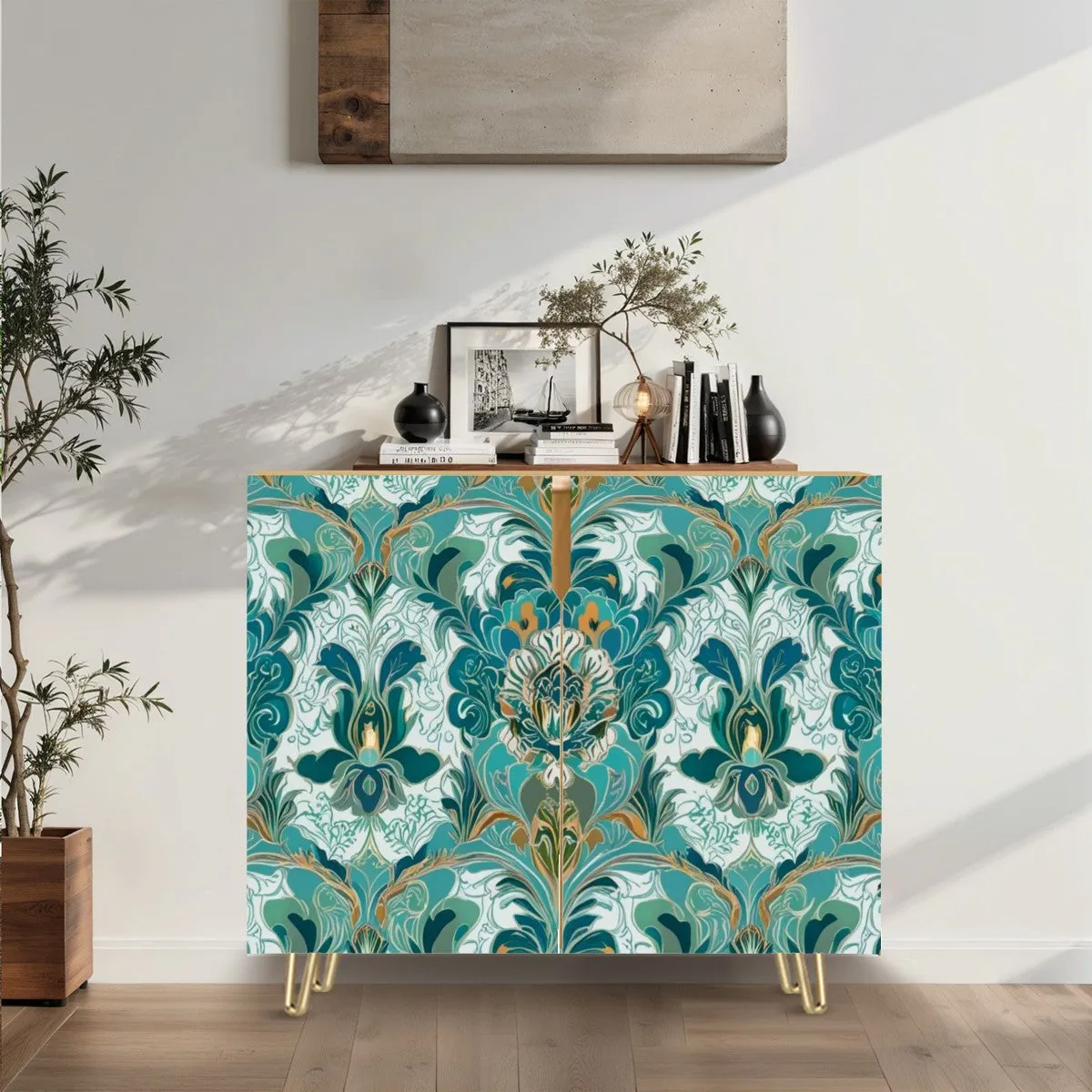 Chinoiserie Sideboard Floral Teal Green Gold, Elegant Wooden Storage Cabinet