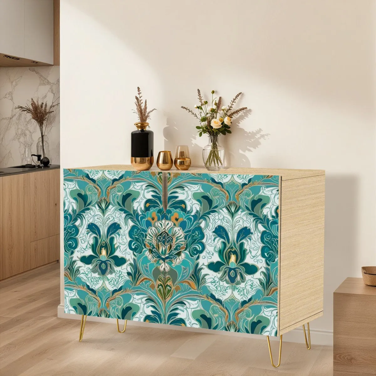 Chinoiserie Sideboard Floral Teal Green Gold, Elegant Wooden Storage Cabinet