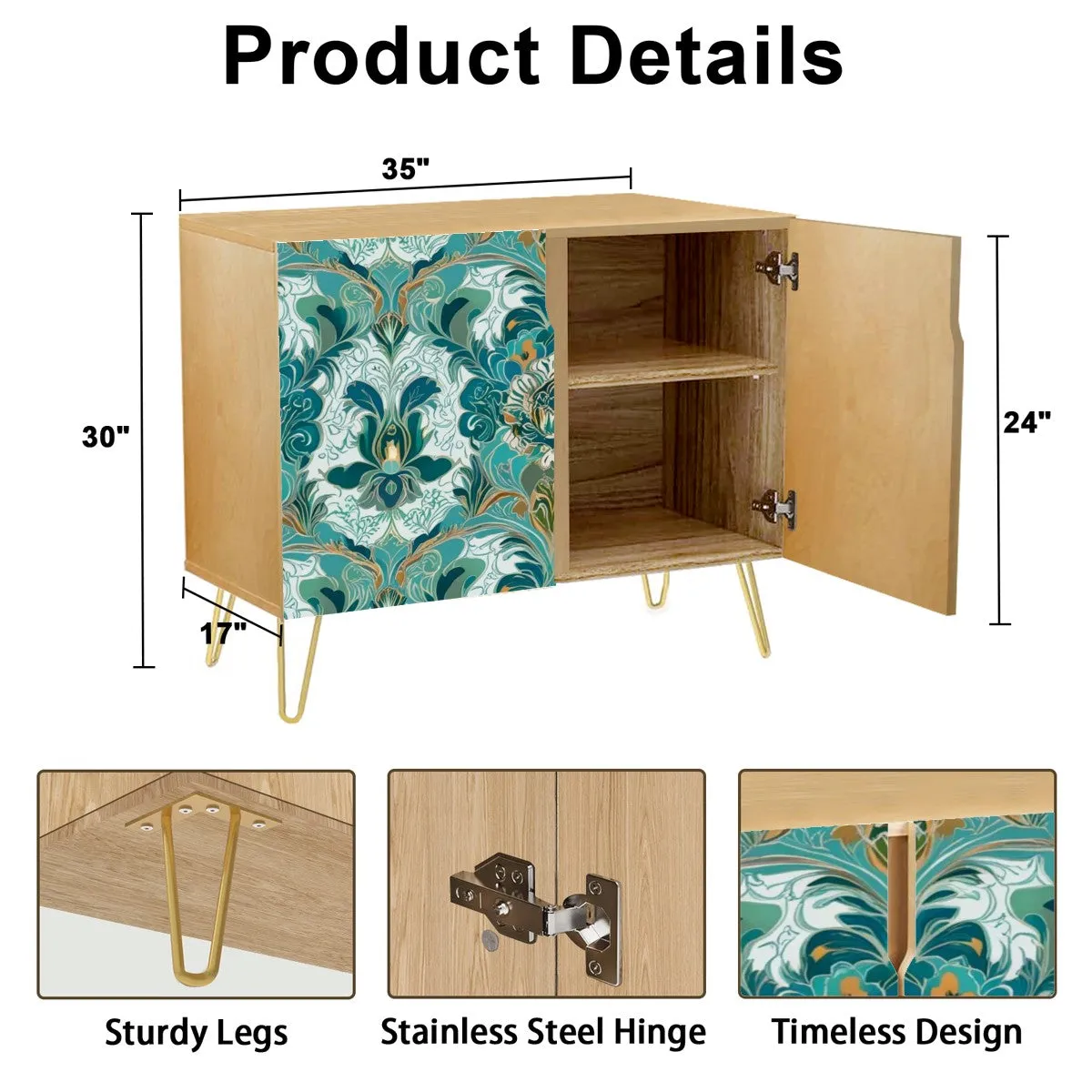 Chinoiserie Sideboard Floral Teal Green Gold, Elegant Wooden Storage Cabinet