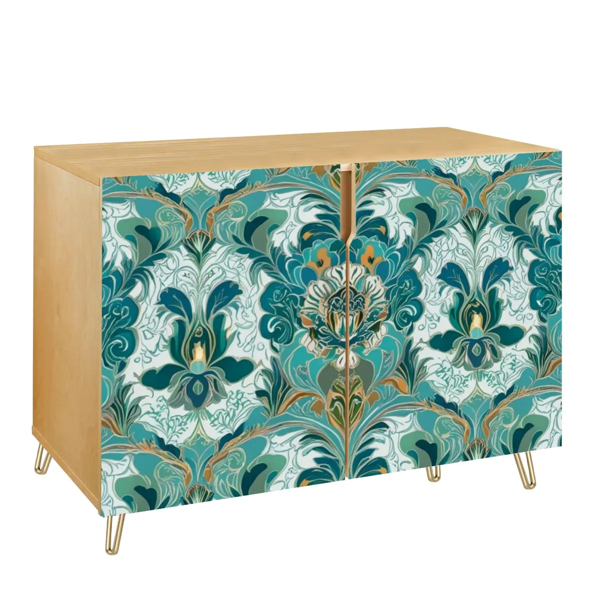 Chinoiserie Sideboard Floral Teal Green Gold, Elegant Wooden Storage Cabinet