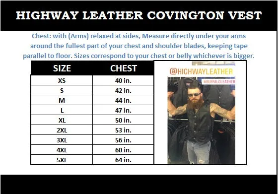 COVINGTON - Men Motorcycle Leather Vest - Gun Pocket, Side Lace, Single panel back, Buffalo Nickle Snaps