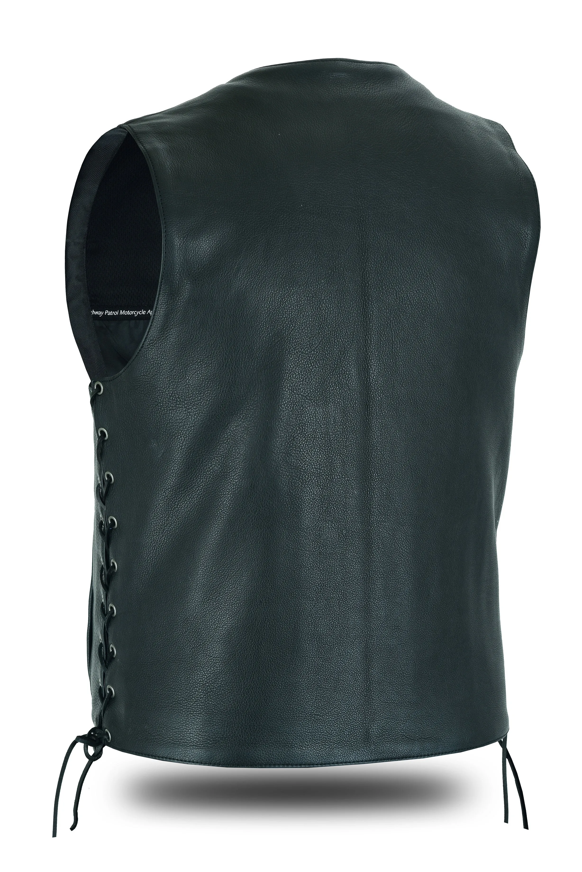 COVINGTON - Men Motorcycle Leather Vest - Gun Pocket, Side Lace, Single panel back, Buffalo Nickle Snaps