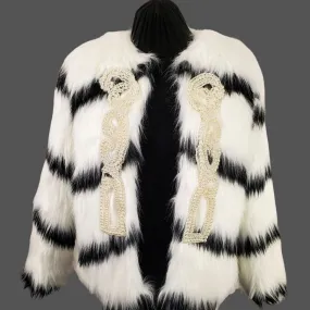 CRUELLA DAVINA-Black and White Chevron Faux Fur Coat With Pearls