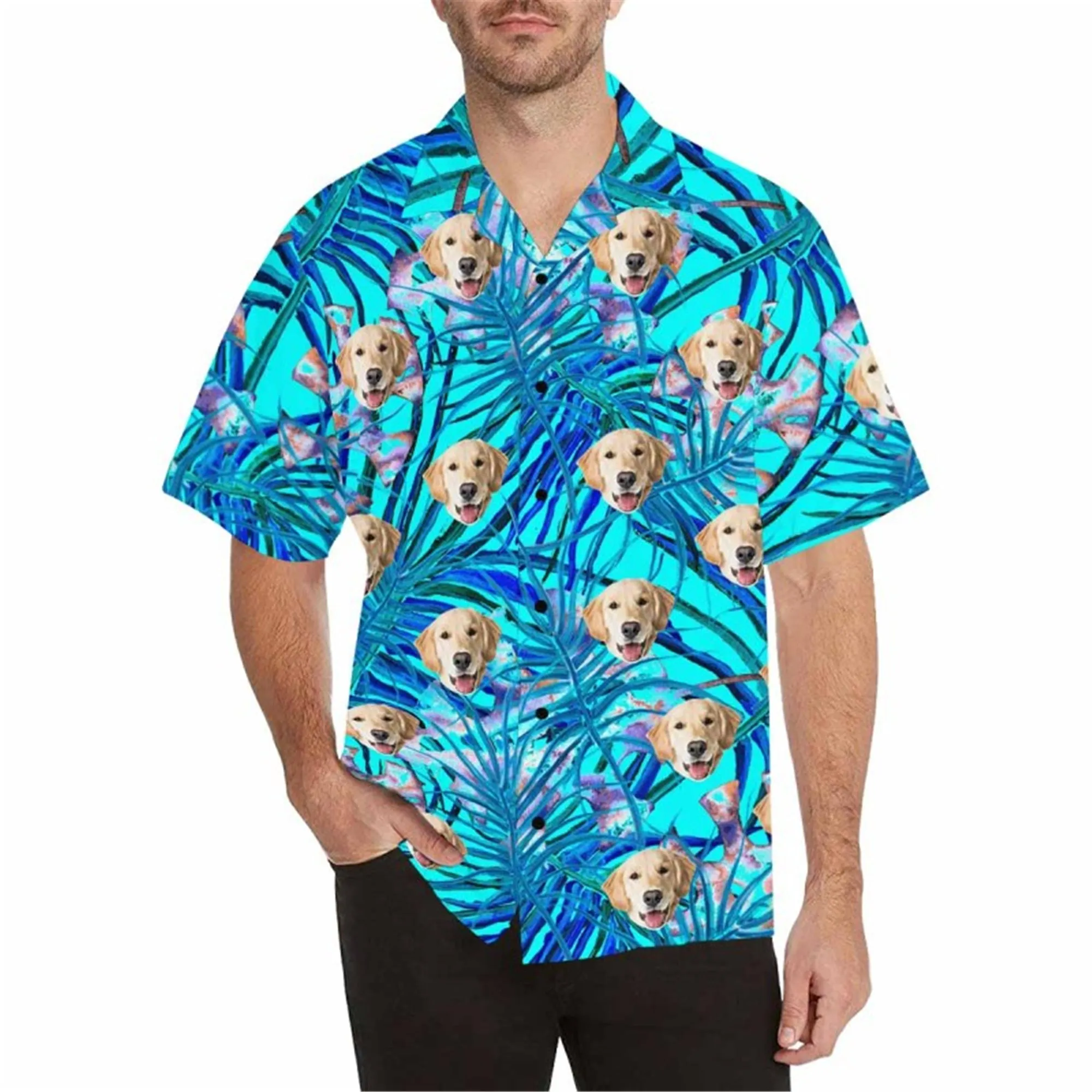 Custom Hawaiian Shirt with Pet for Men BF Personalized Palm Leaf Button Down Short Sleeve Hawaii Shirt Tropical Beach Shirt