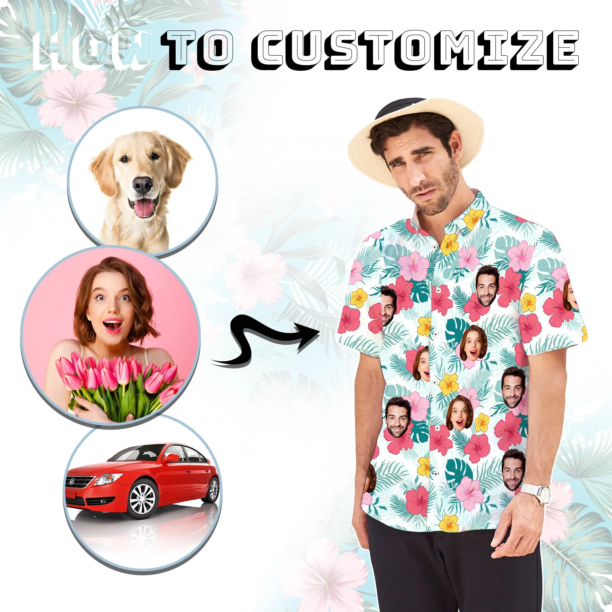 Custom Hawaiian Shirt with Pet for Men BF Personalized Palm Leaf Button Down Short Sleeve Hawaii Shirt Tropical Beach Shirt