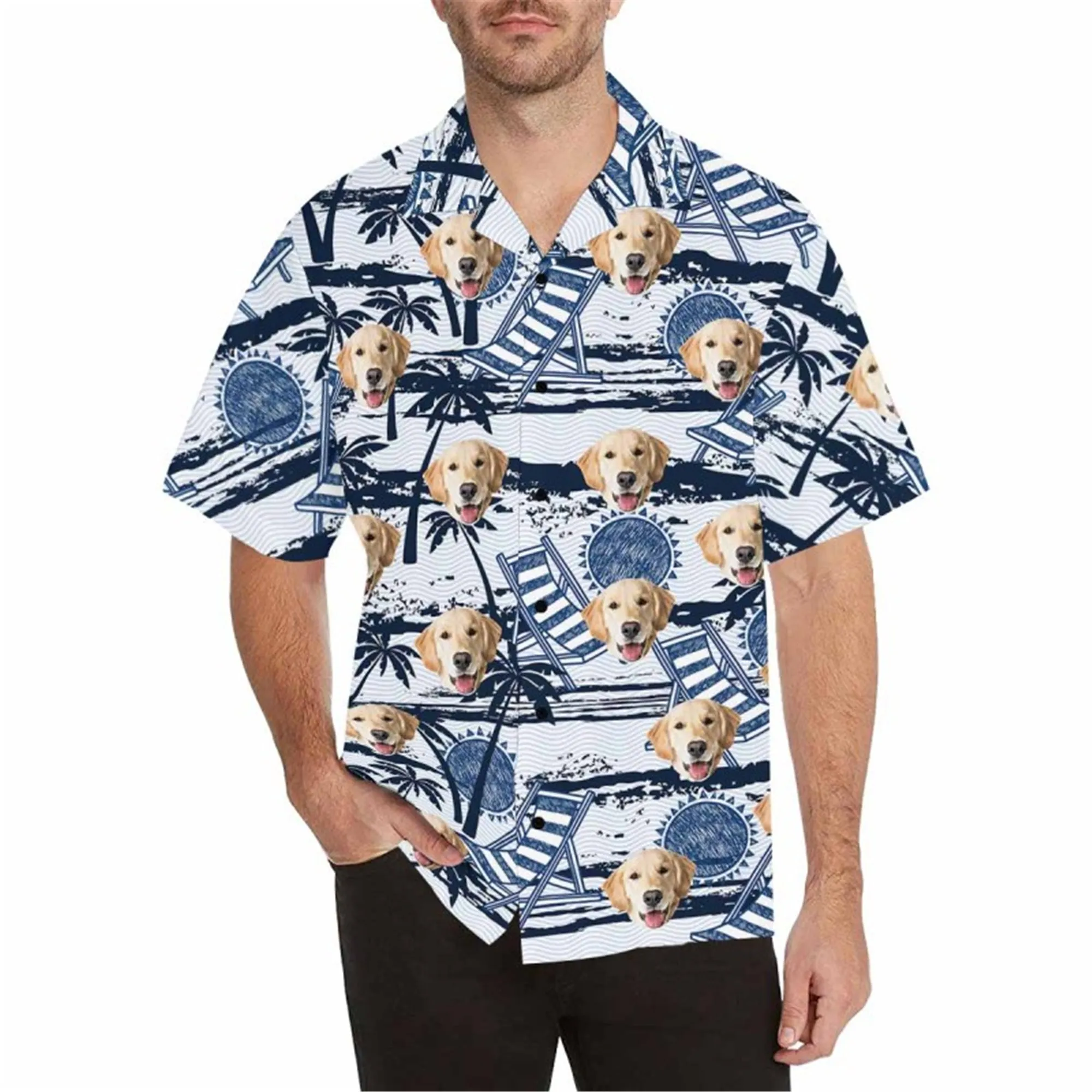 Custom Hawaiian Shirt with Pet for Men BF Personalized Palm Leaf Button Down Short Sleeve Hawaii Shirt Tropical Beach Shirt
