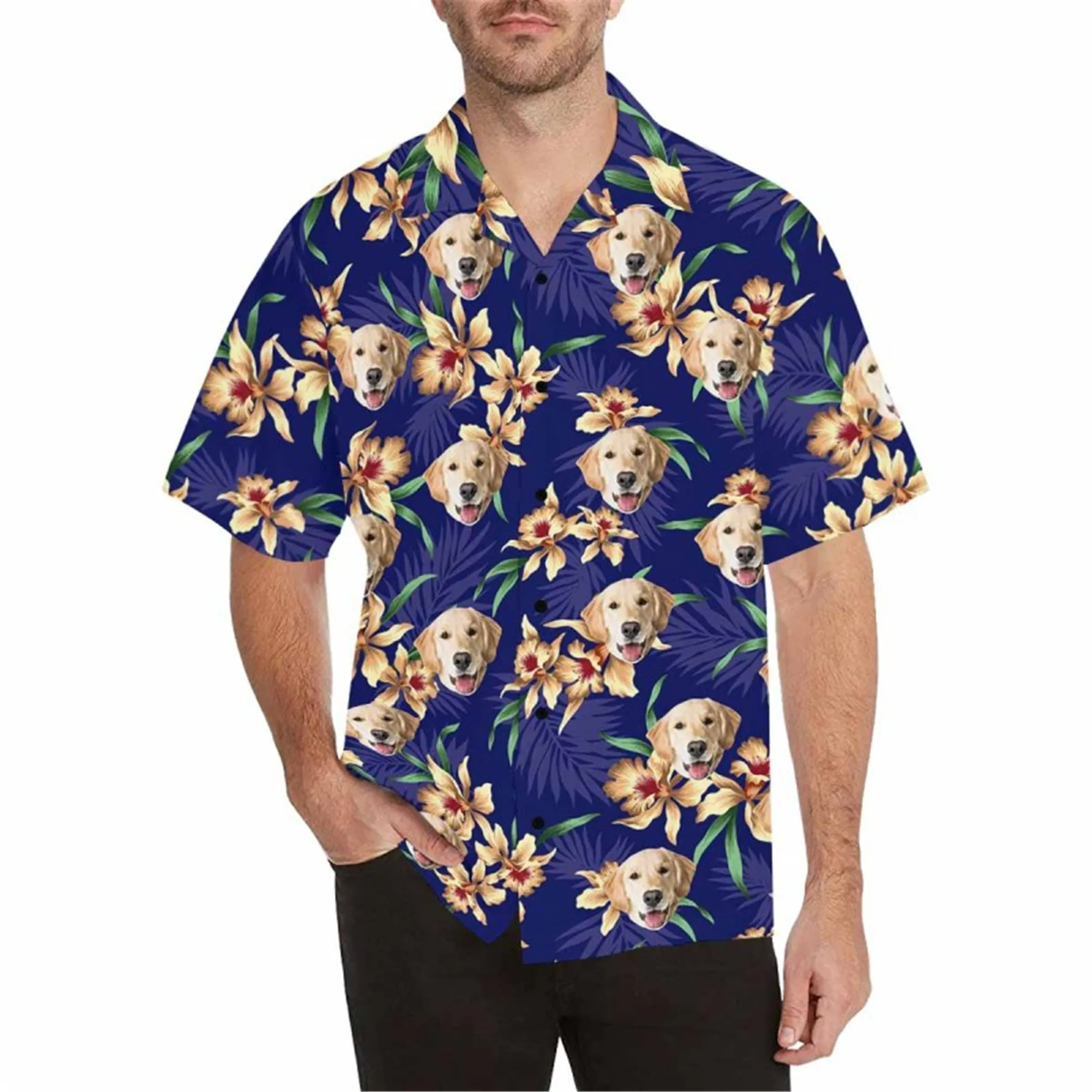 Custom Hawaiian Shirt with Pet for Men BF Personalized Palm Leaf Button Down Short Sleeve Hawaii Shirt Tropical Beach Shirt