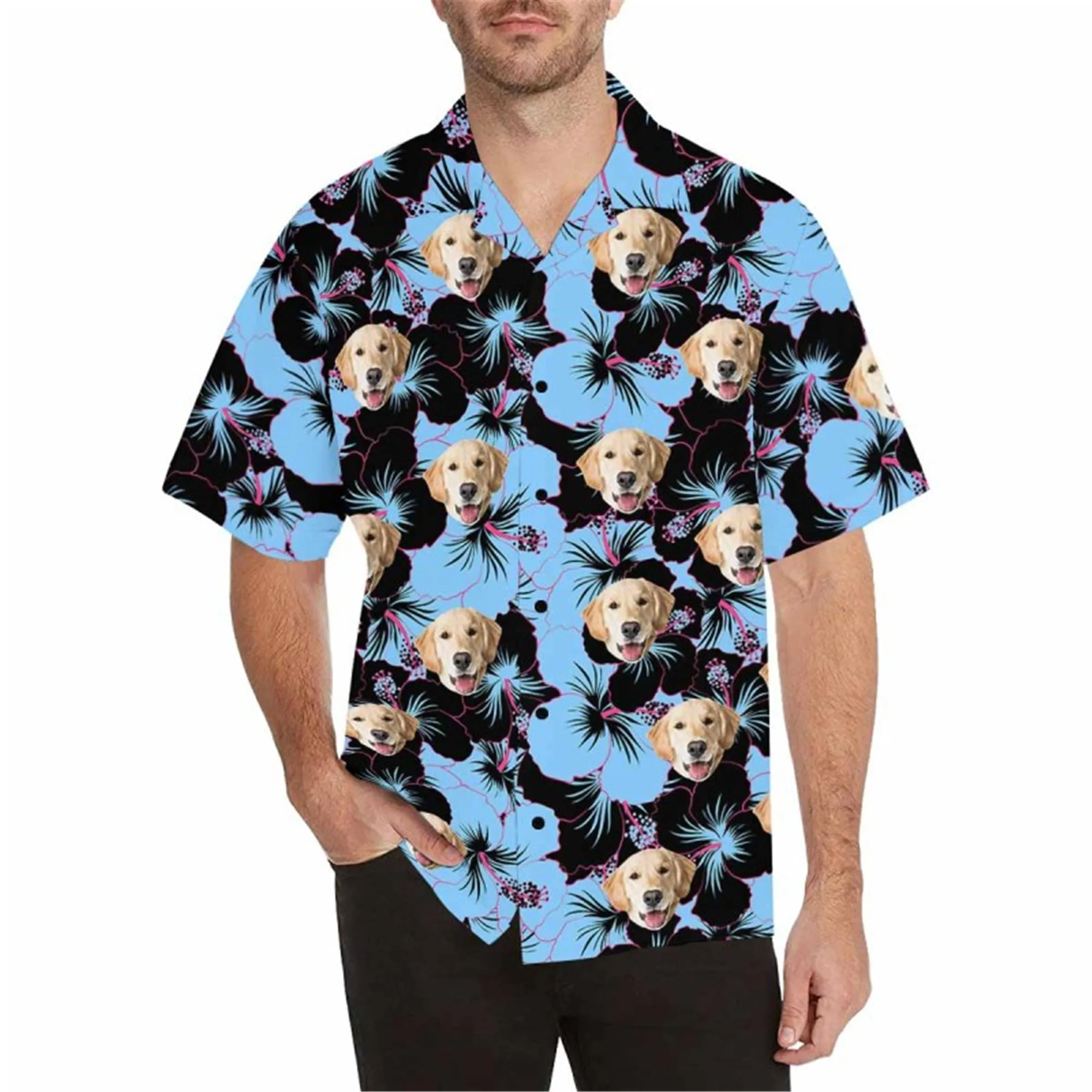 Custom Hawaiian Shirt with Pet for Men BF Personalized Palm Leaf Button Down Short Sleeve Hawaii Shirt Tropical Beach Shirt