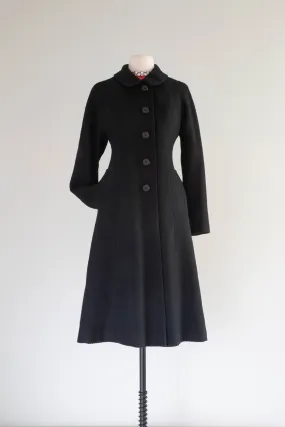 Divine 1960's High End Black Wool Coat With Peter Pan Collar and Full Skirt / SM