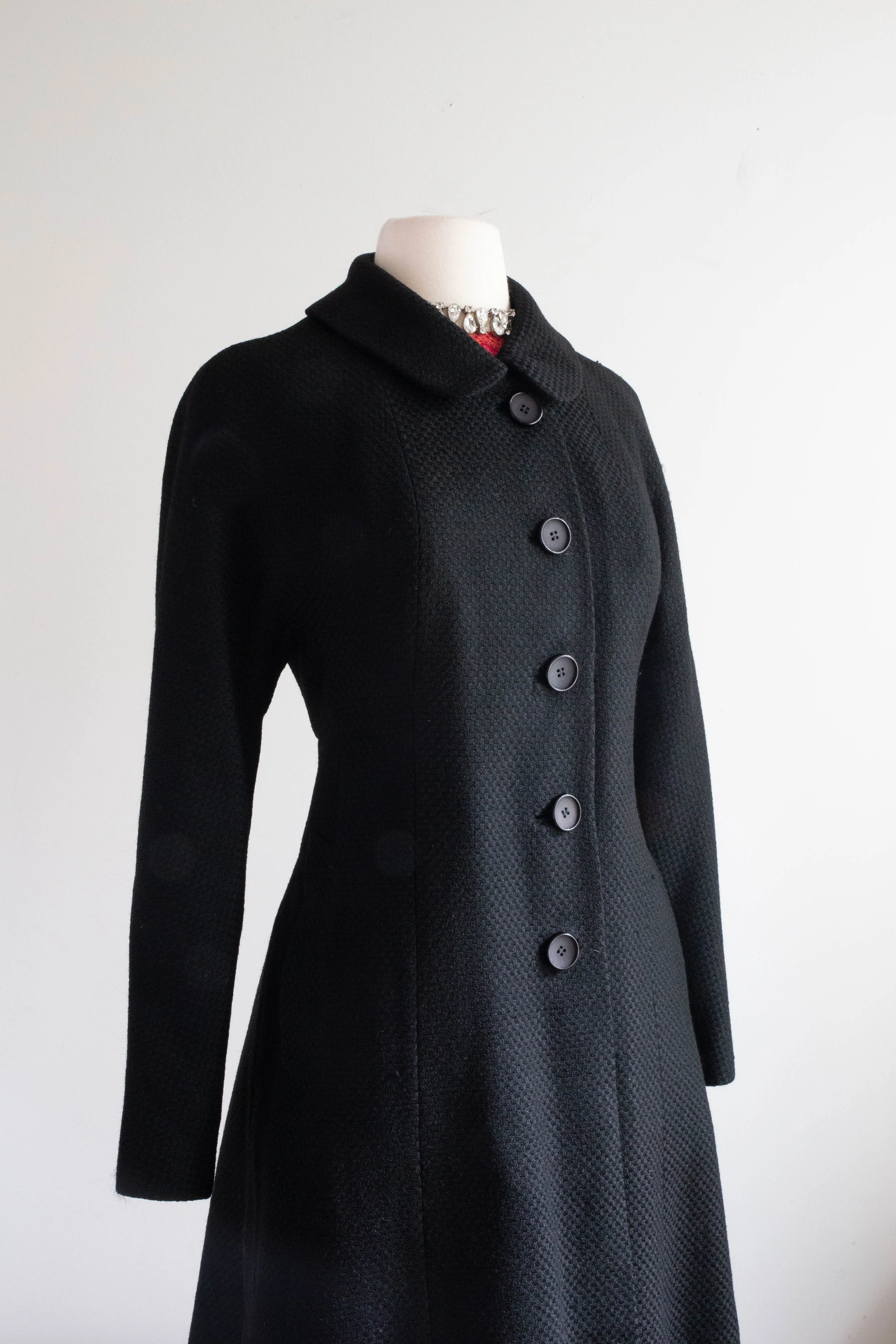 Divine 1960's High End Black Wool Coat With Peter Pan Collar and Full Skirt / SM