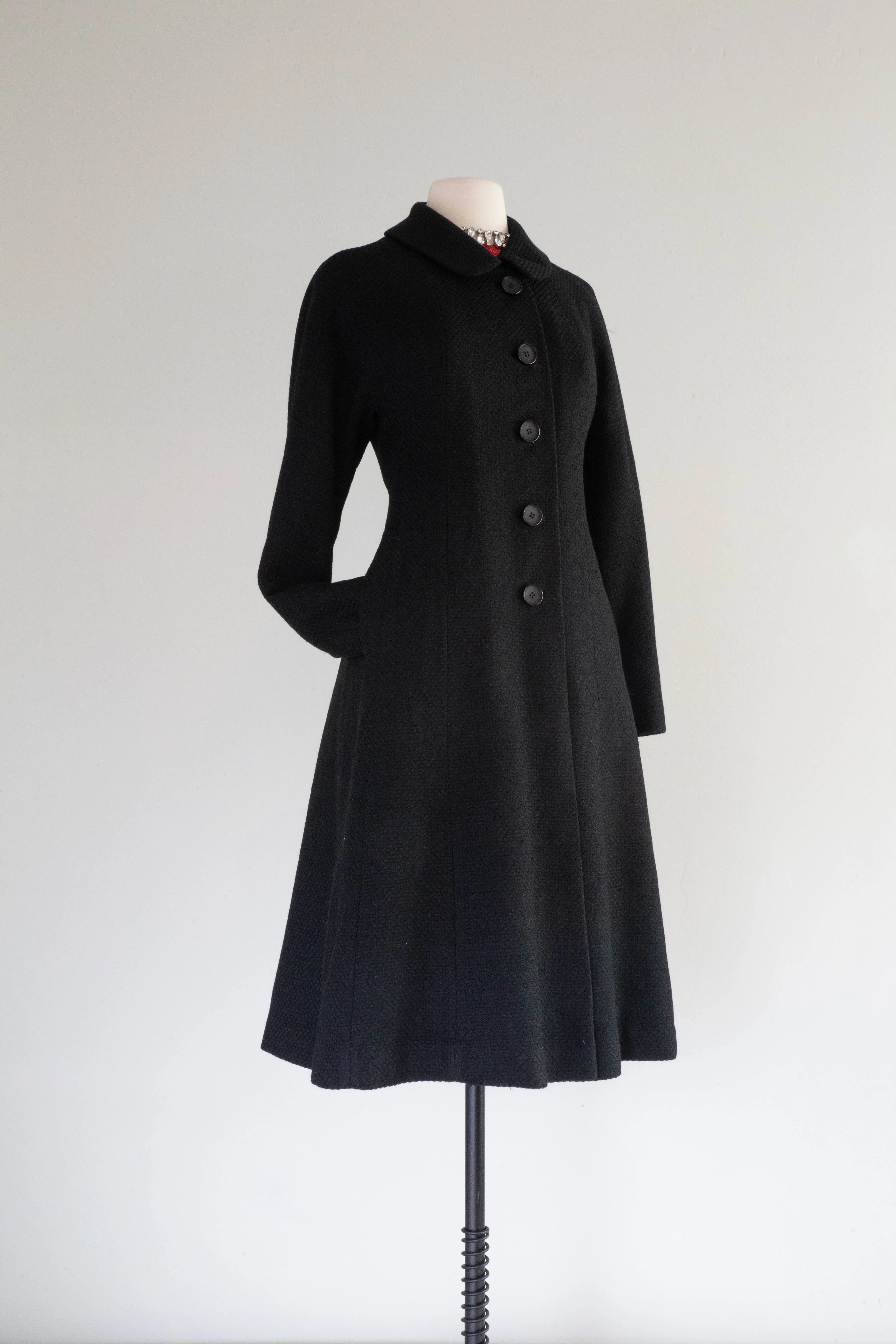 Divine 1960's High End Black Wool Coat With Peter Pan Collar and Full Skirt / SM