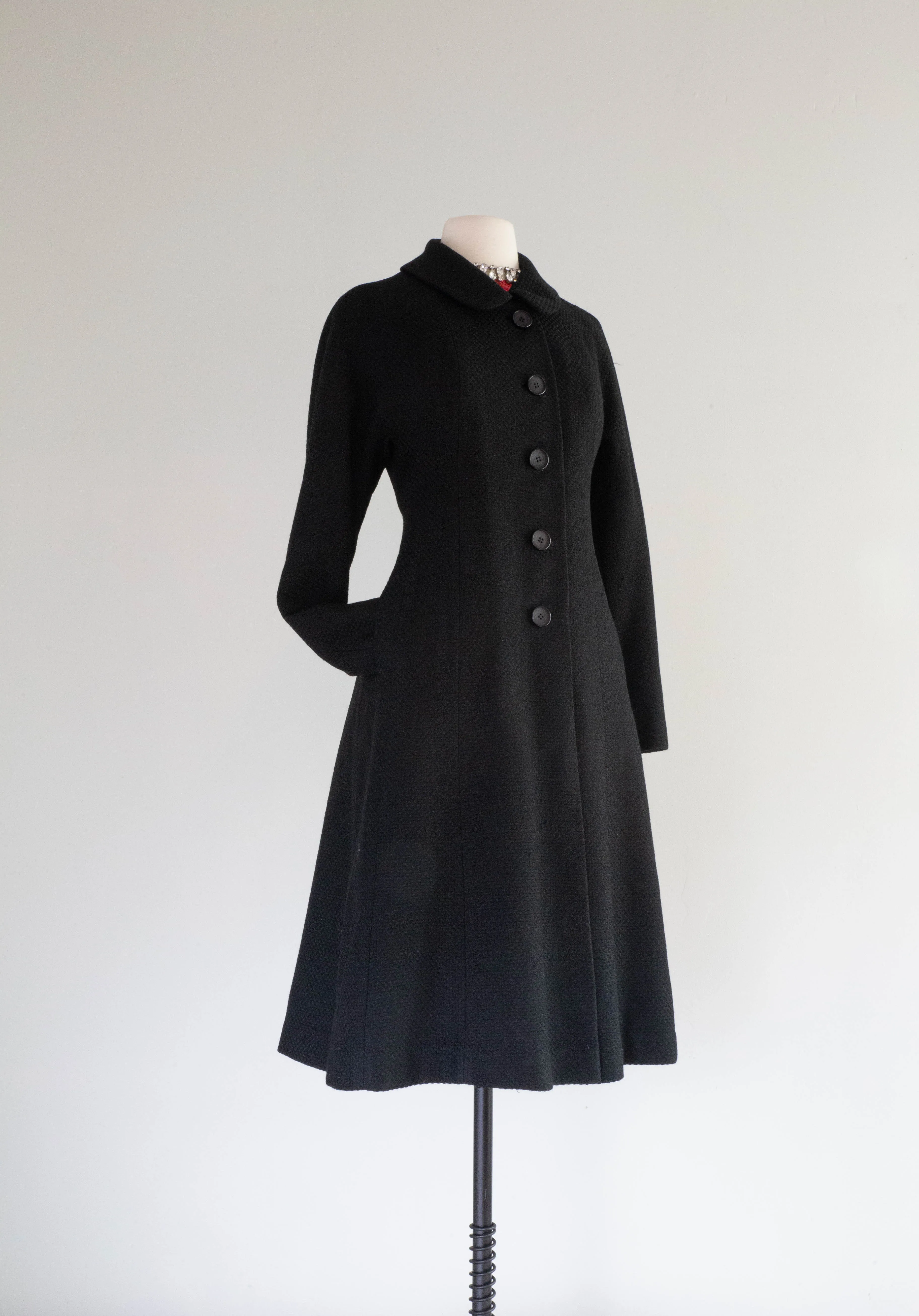 Divine 1960's High End Black Wool Coat With Peter Pan Collar and Full Skirt / SM