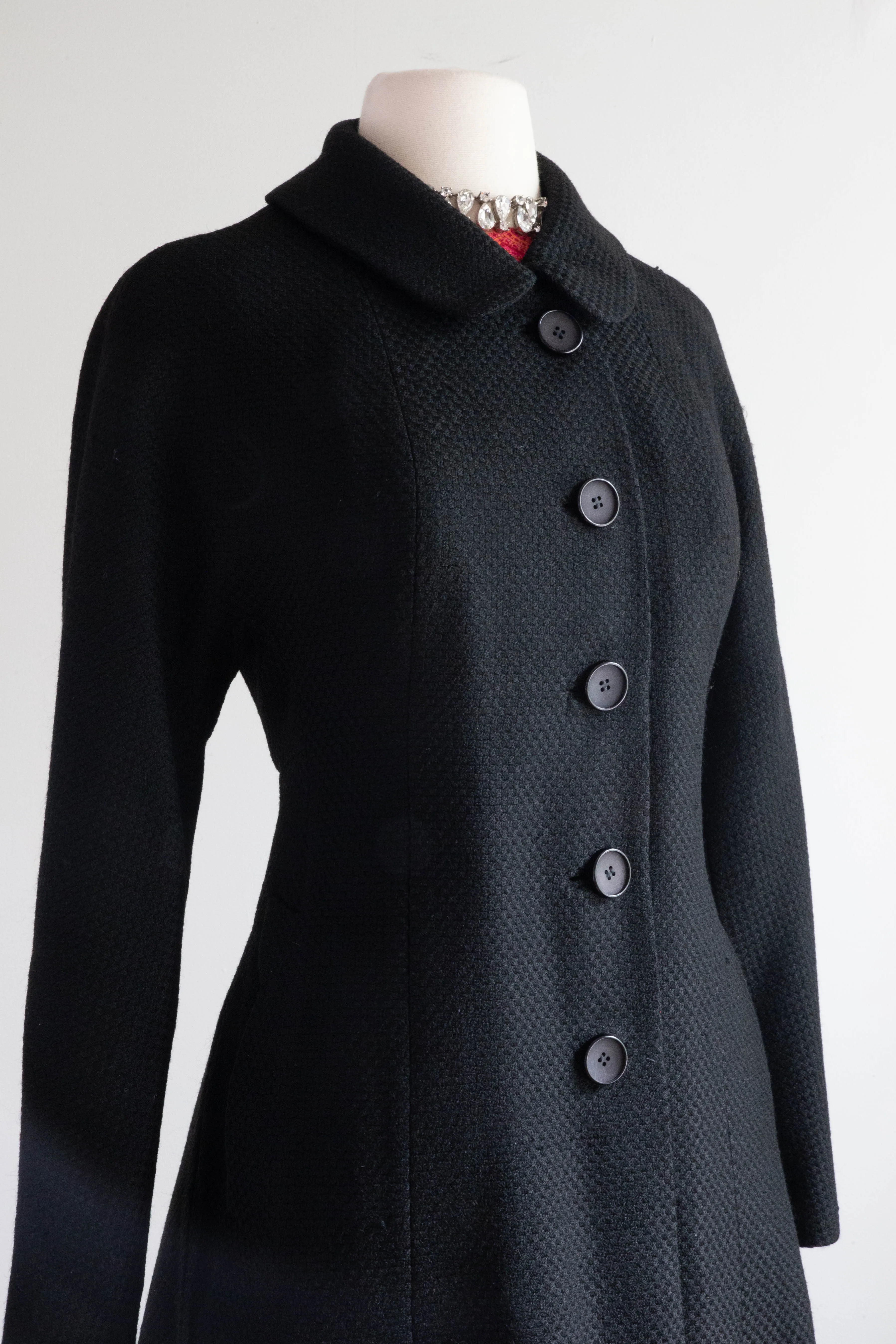 Divine 1960's High End Black Wool Coat With Peter Pan Collar and Full Skirt / SM