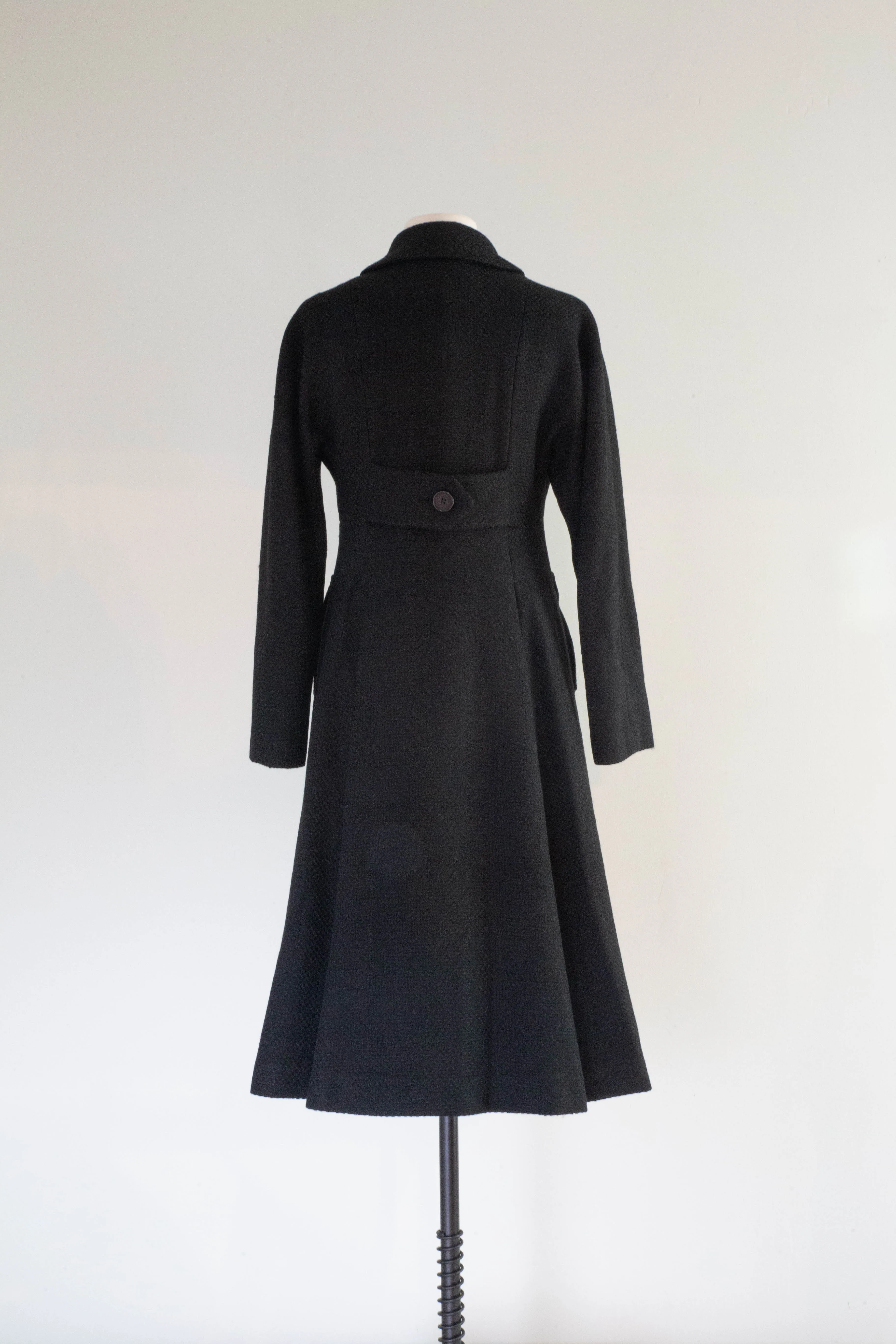 Divine 1960's High End Black Wool Coat With Peter Pan Collar and Full Skirt / SM