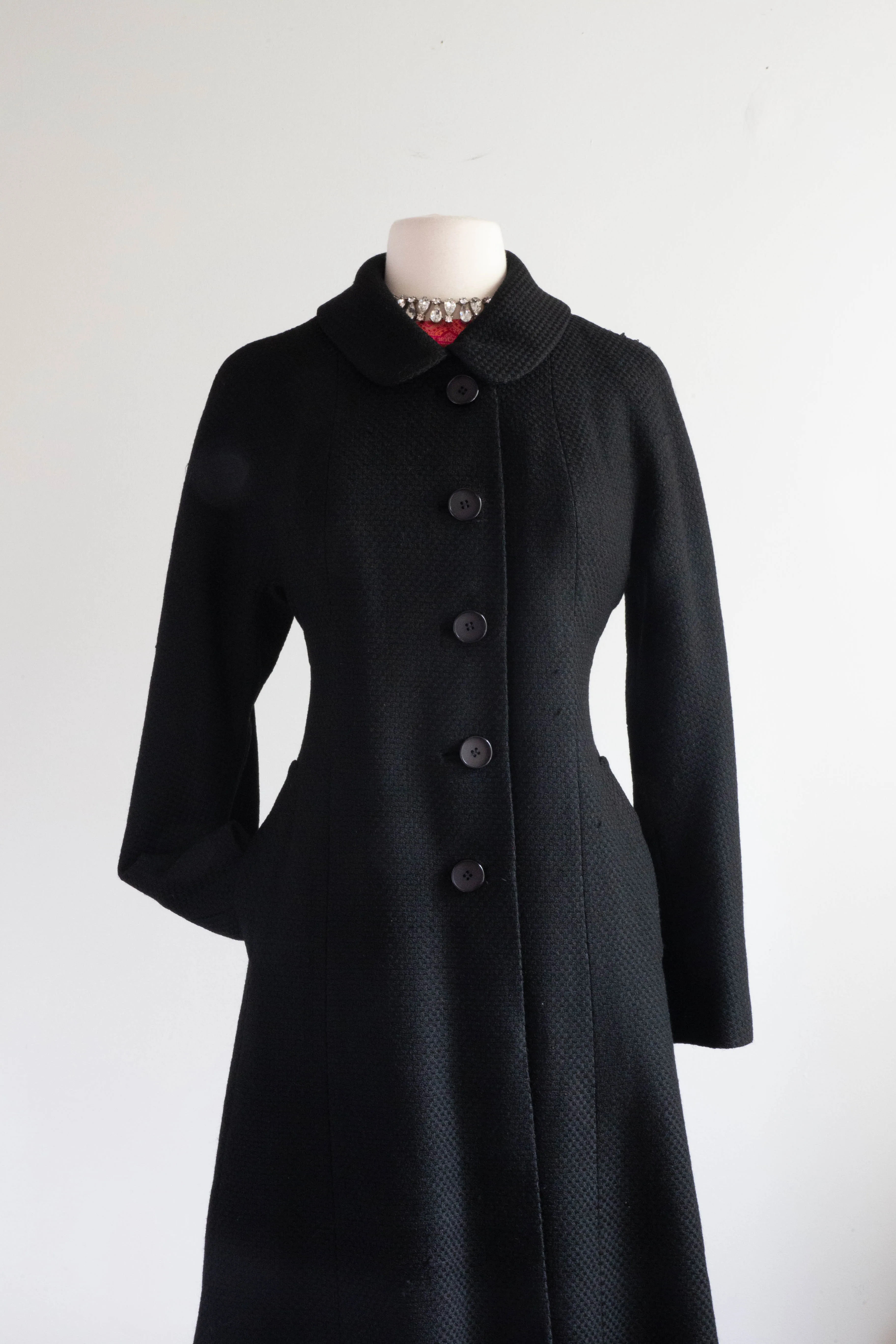 Divine 1960's High End Black Wool Coat With Peter Pan Collar and Full Skirt / SM