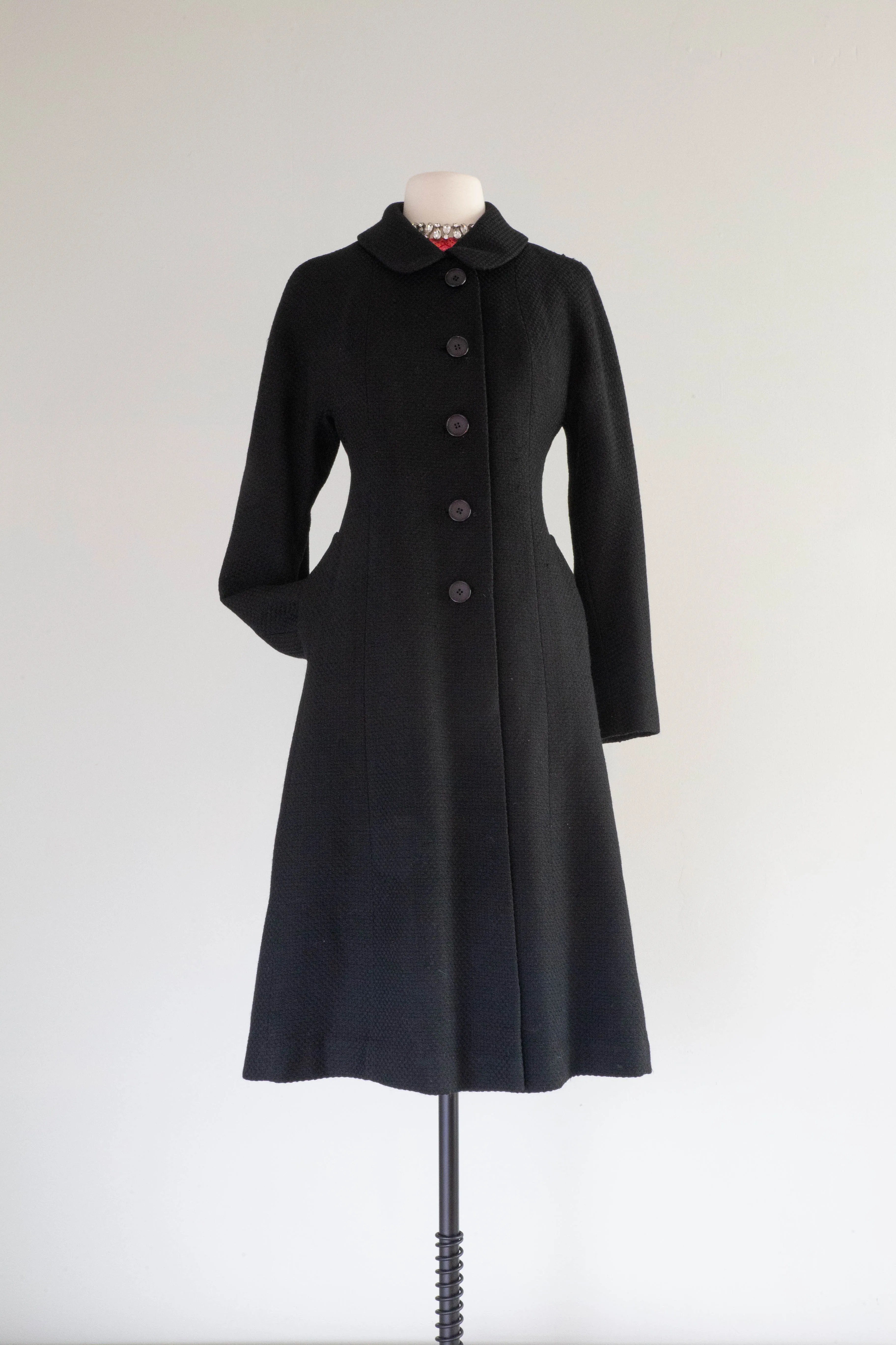 Divine 1960's High End Black Wool Coat With Peter Pan Collar and Full Skirt / SM