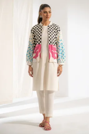 Ego - Morni Jacket 3 piece - Hand Screen Print - Khaddar - Cream