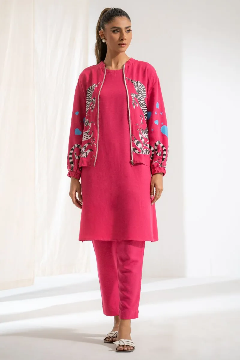 Ego - Zebra Jacket 3 piece - Hand Screen Print - Khaddar - Dull Pink