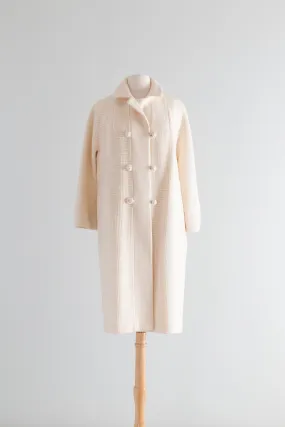 Elegant 1960's Ivory Wool Waffle Weave Coat By Betty Rose / Medium