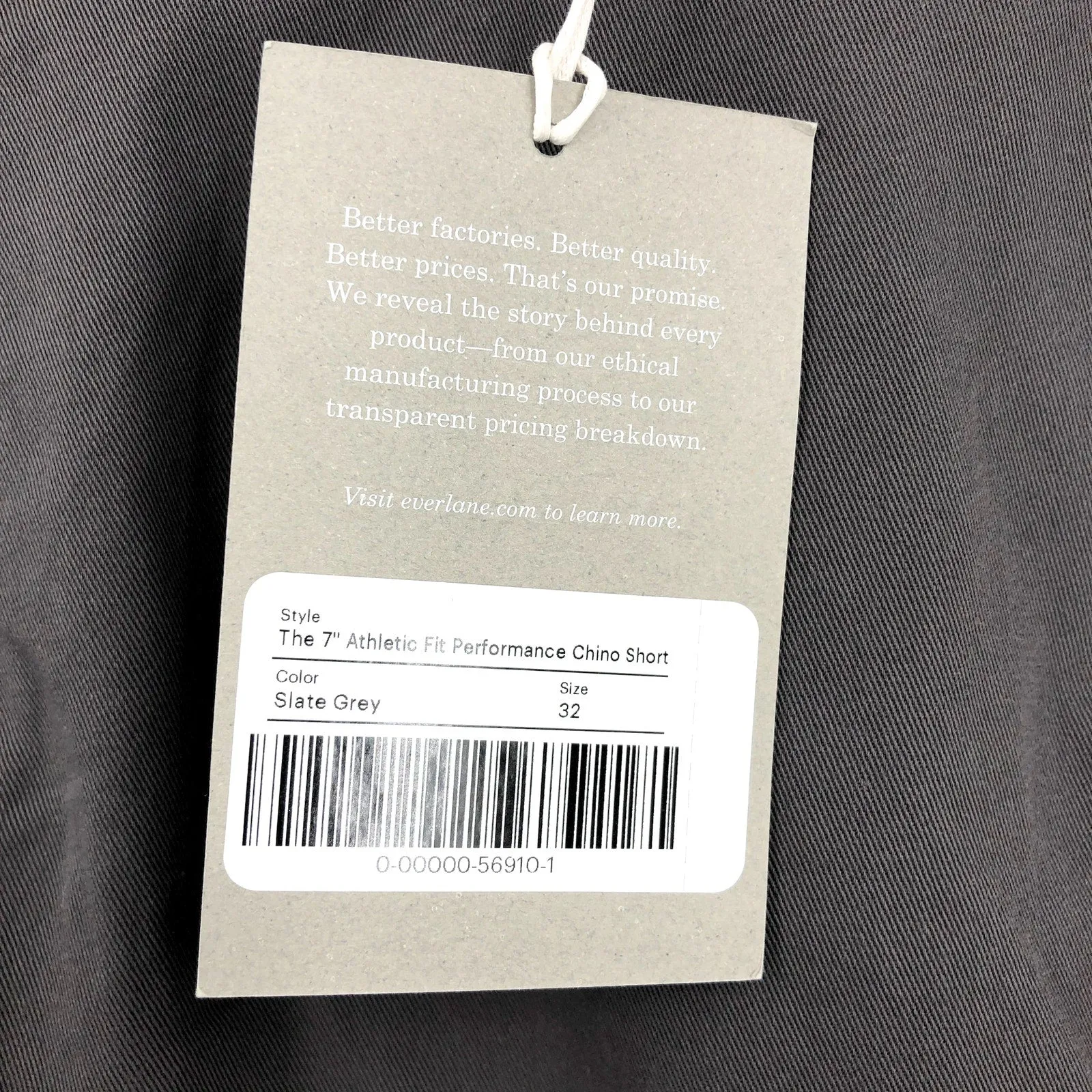 EVERLANE Men's 7” Slim-Fit Performance Chino Shorts Size 32 Slate Grey