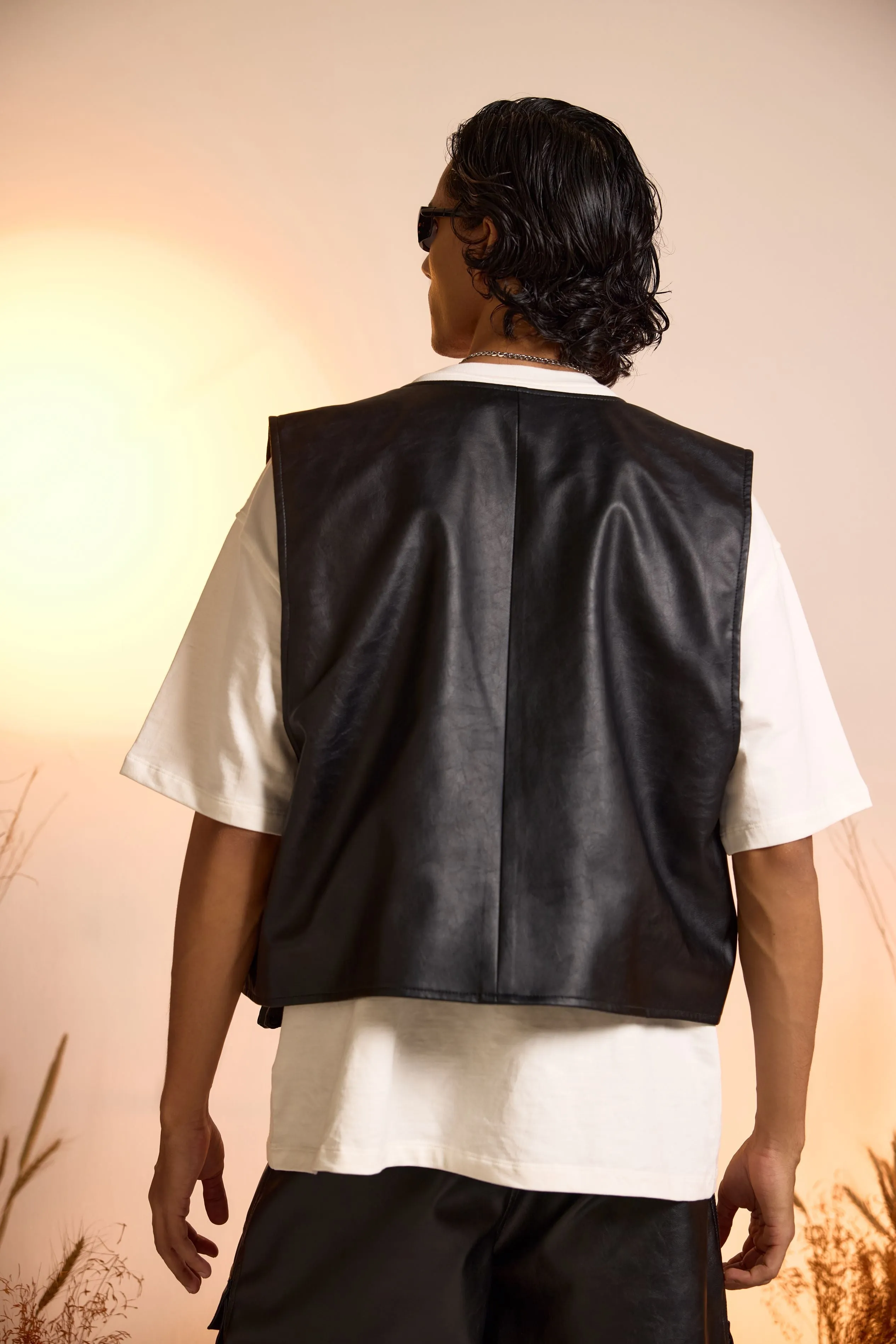Faux Leather Oversized Gilet Jacket-Men