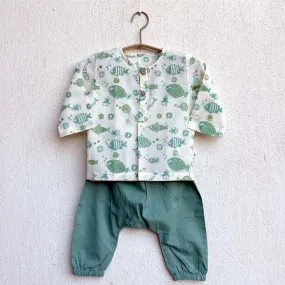 Fish Print Kurta with Mint Pants