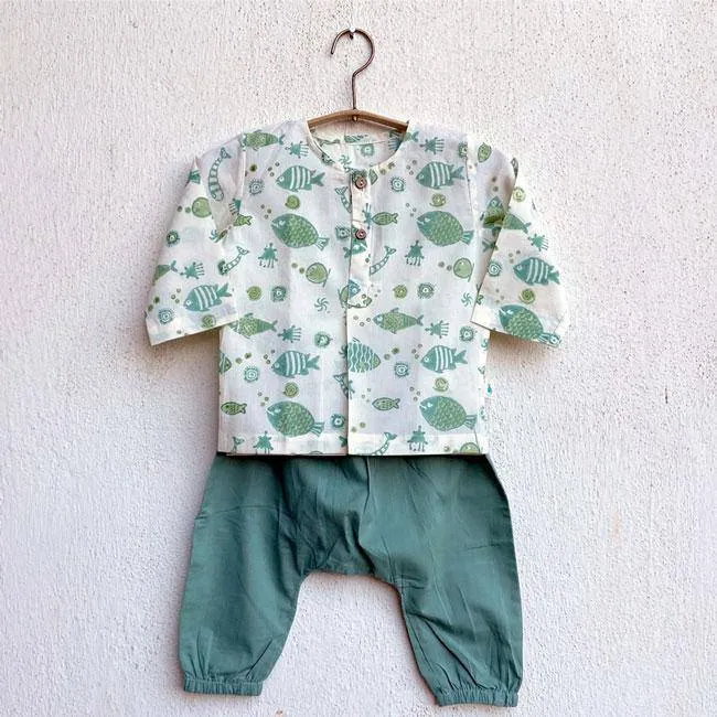 Fish Print Kurta with Mint Pants