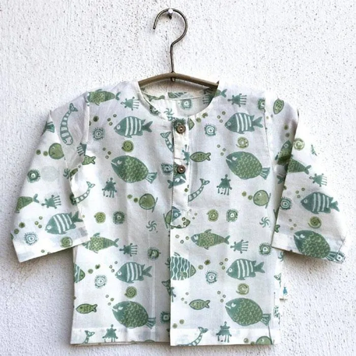 Fish Print Kurta with Mint Pants