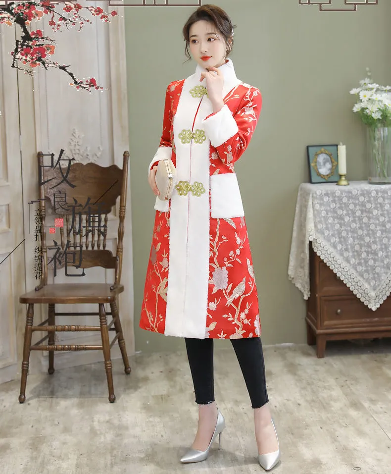 Floral Brocade Fur Edge Chinese Style Knee Length Wind Coat