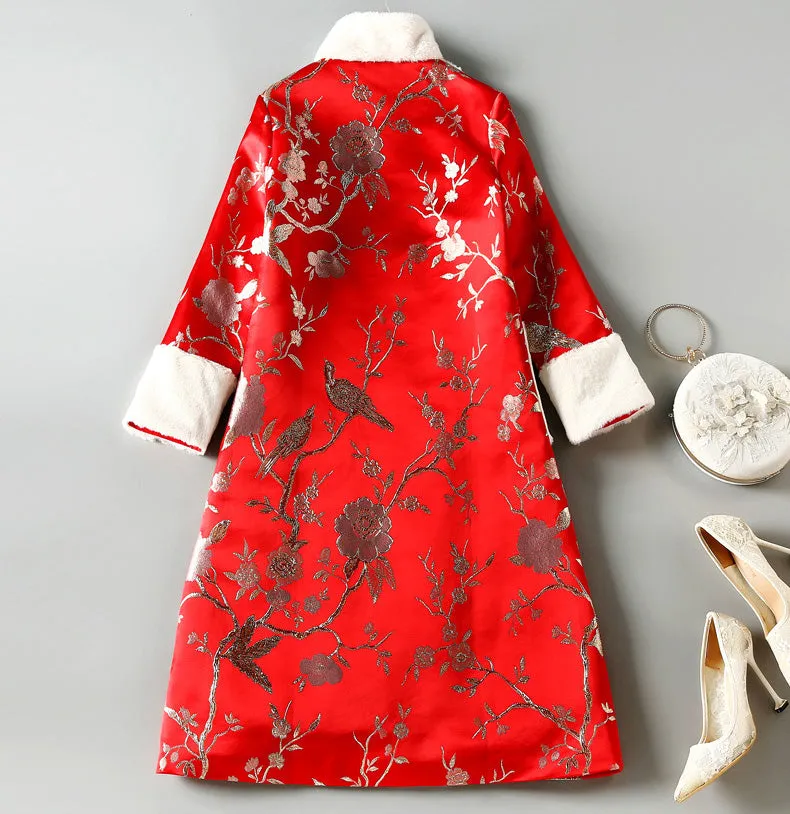 Floral Brocade Fur Edge Chinese Style Knee Length Wind Coat