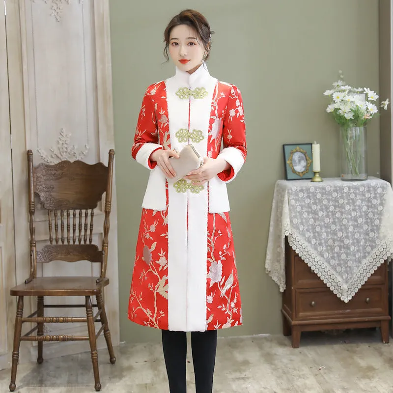 Floral Brocade Fur Edge Chinese Style Knee Length Wind Coat