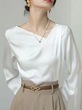 French Style White Satin Irregular Blouse