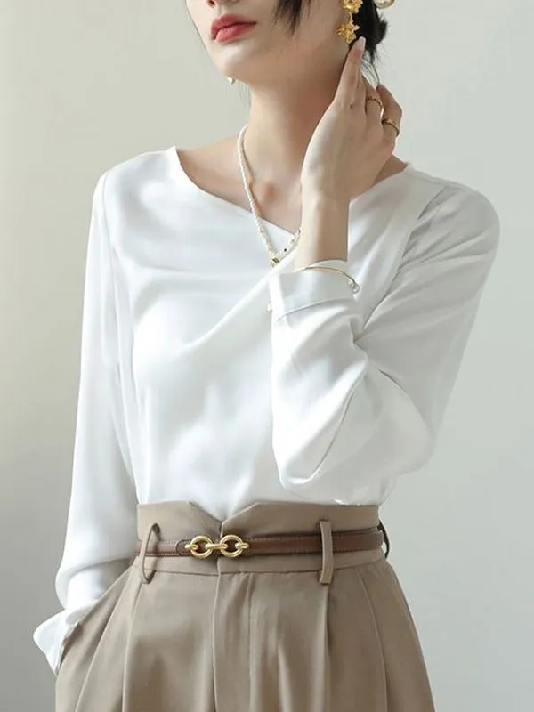 French Style White Satin Irregular Blouse