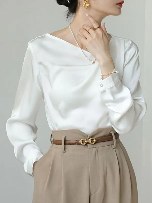 French Style White Satin Irregular Blouse