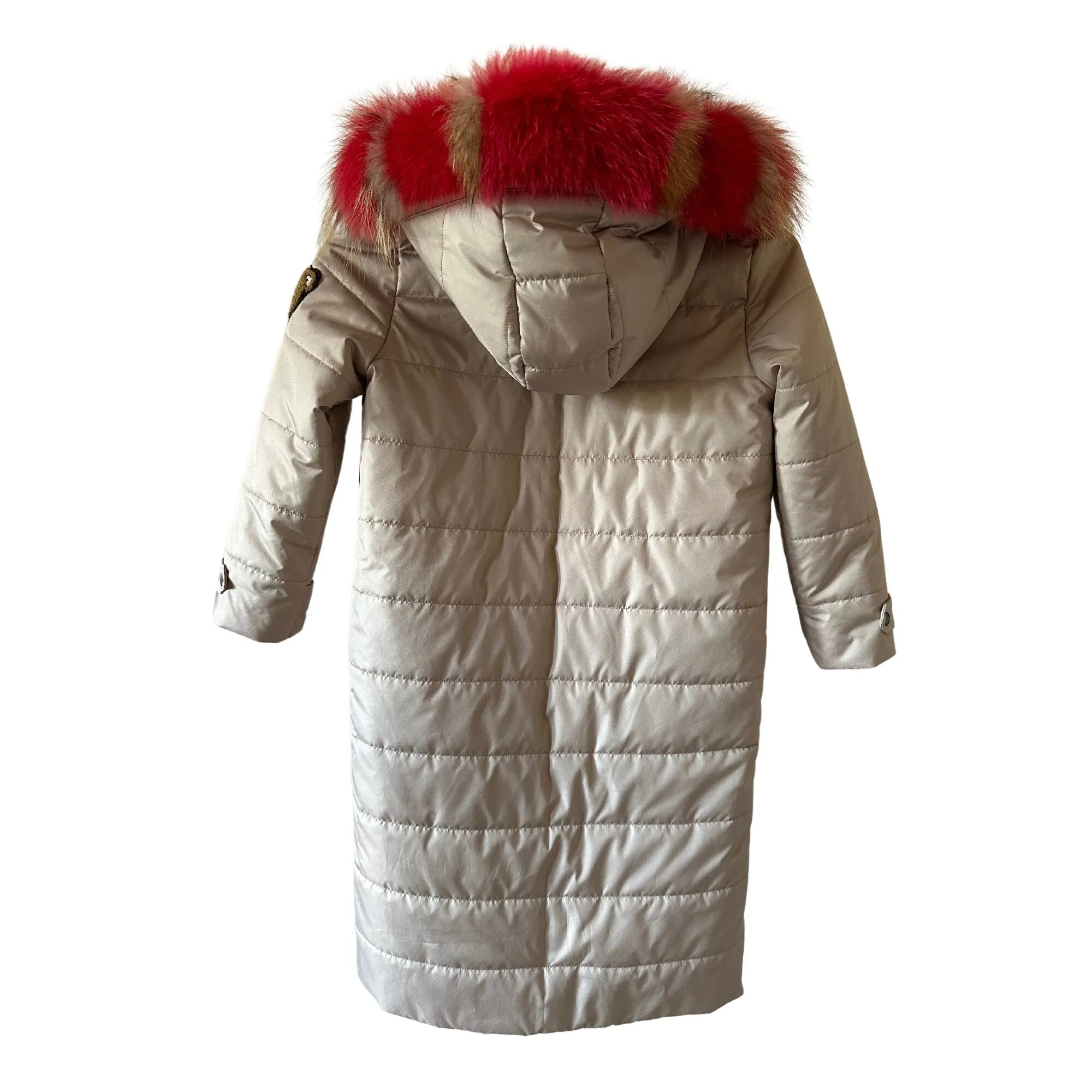Fur Puffer Children's long parka сoat  trim fox fur,  Beige warm coat for girl, Winter kids coat parka