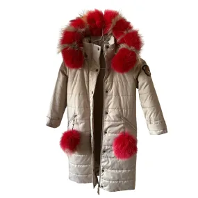 Fur Puffer Children's long parka сoat  trim fox fur,  Beige warm coat for girl, Winter kids coat parka