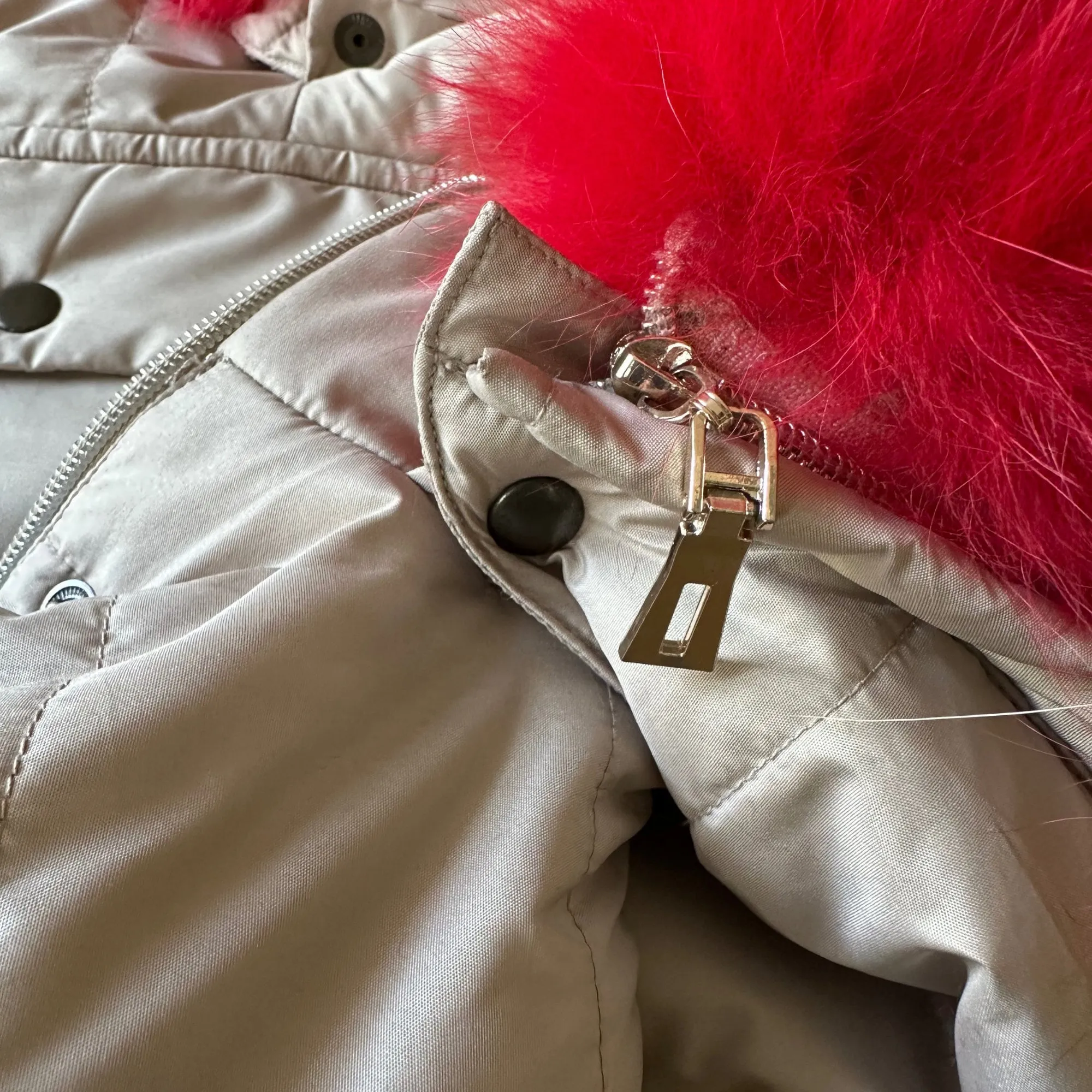 Fur Puffer Children's long parka сoat  trim fox fur,  Beige warm coat for girl, Winter kids coat parka
