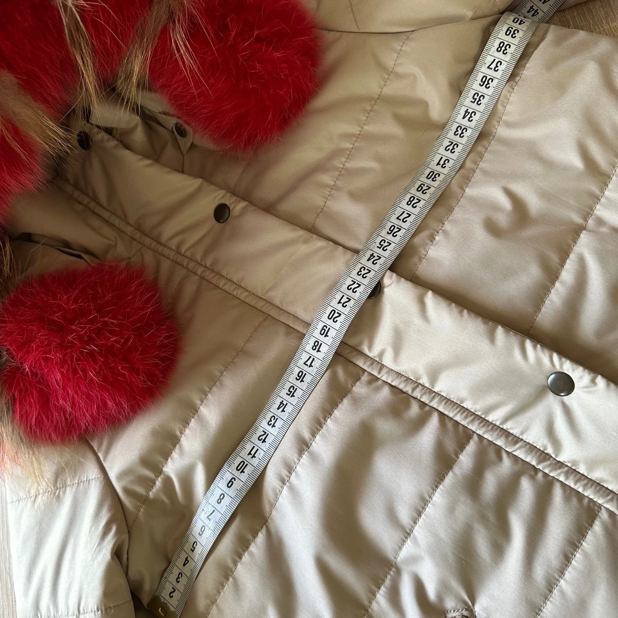 Fur Puffer Children's long parka сoat  trim fox fur,  Beige warm coat for girl, Winter kids coat parka