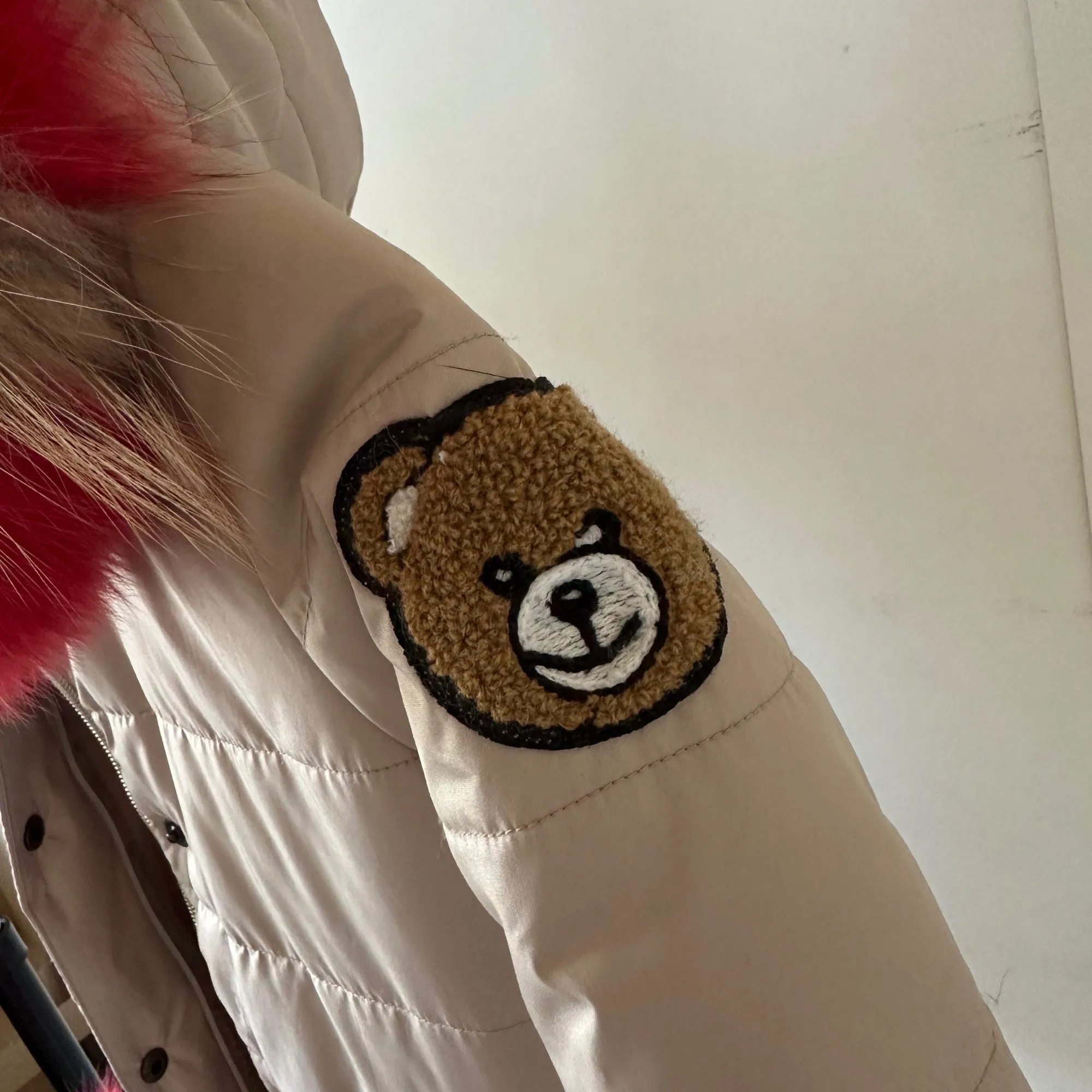 Fur Puffer Children's long parka сoat  trim fox fur,  Beige warm coat for girl, Winter kids coat parka