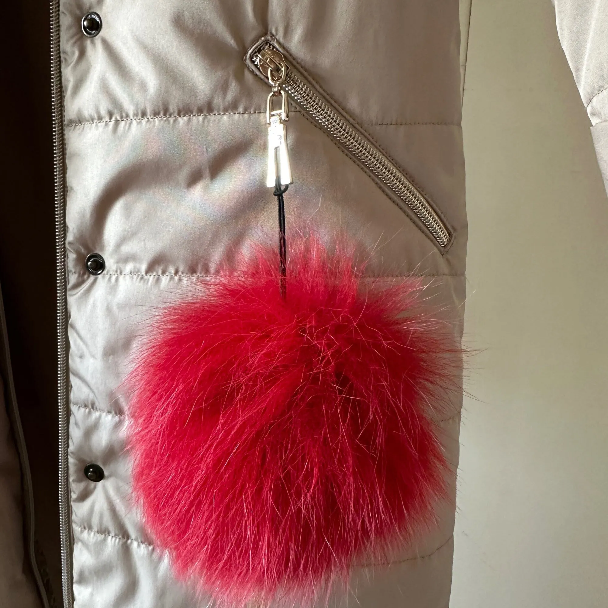 Fur Puffer Children's long parka сoat  trim fox fur,  Beige warm coat for girl, Winter kids coat parka