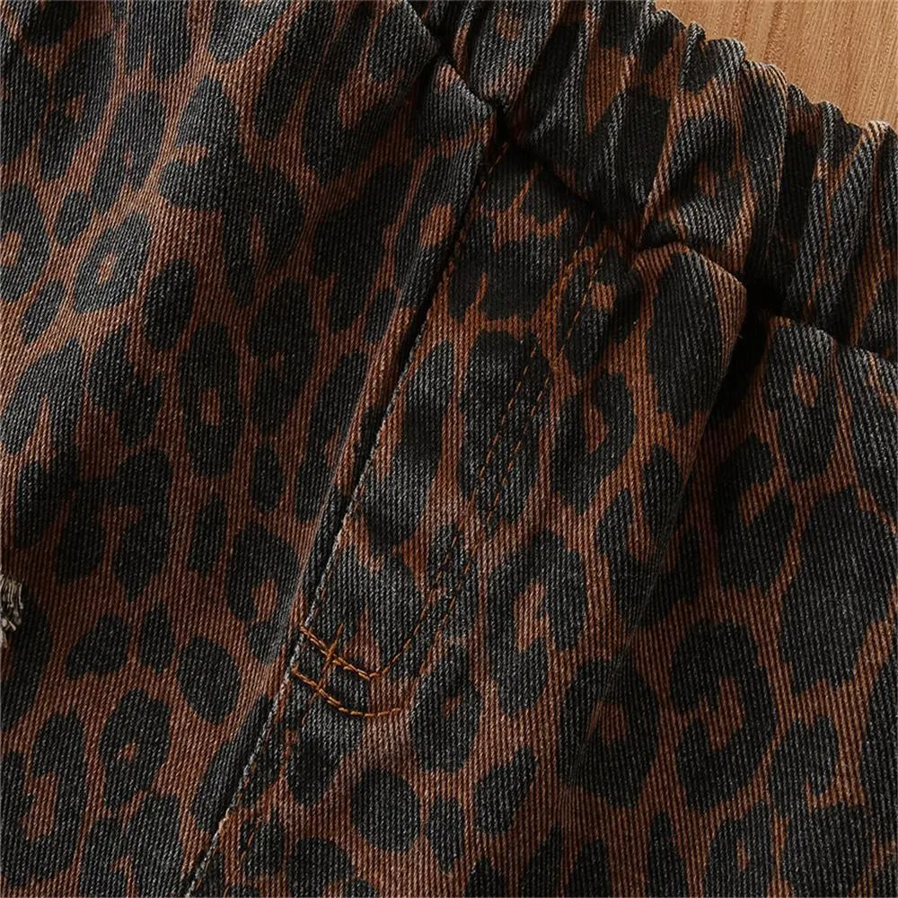 Girls Denim Leopard Flared Ripped Wide Leg Pants Wholesale