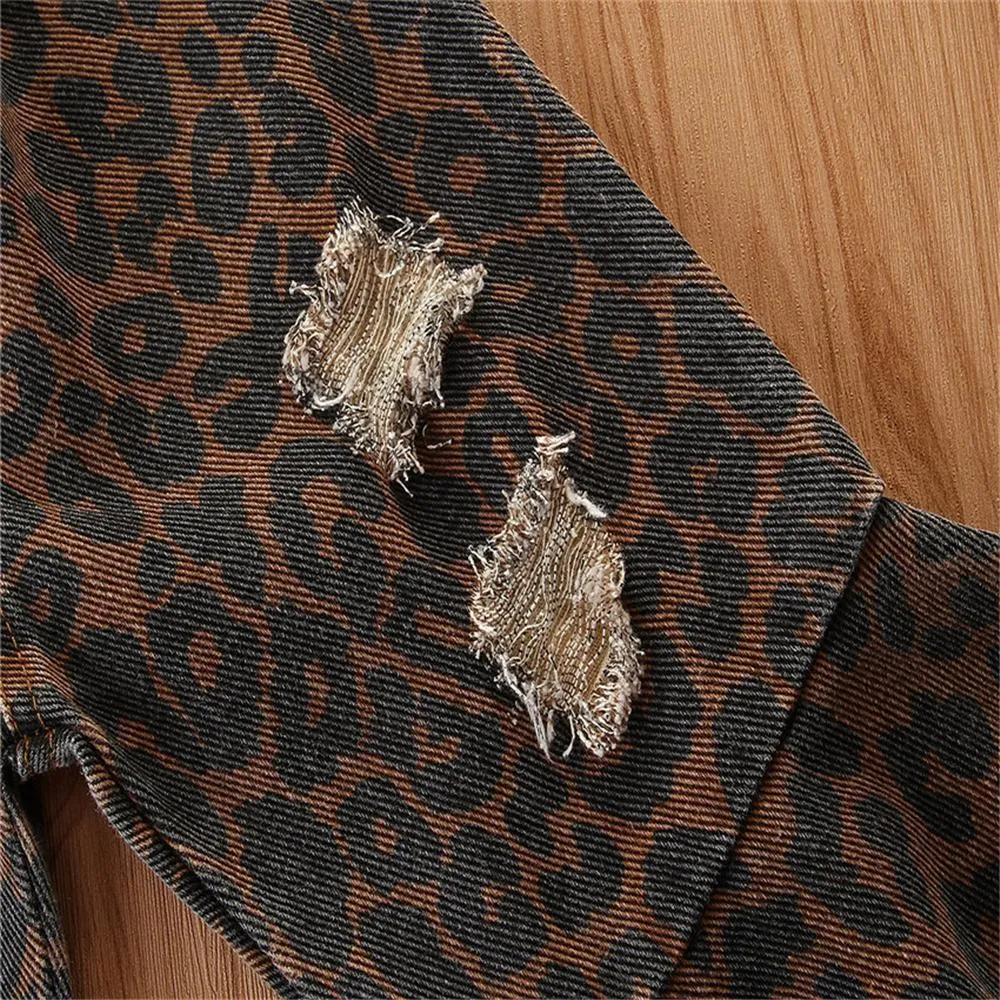 Girls Denim Leopard Flared Ripped Wide Leg Pants Wholesale