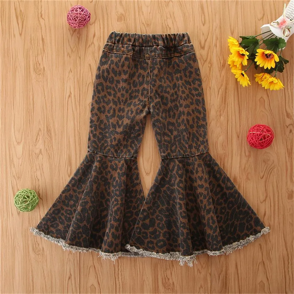 Girls Denim Leopard Flared Ripped Wide Leg Pants Wholesale